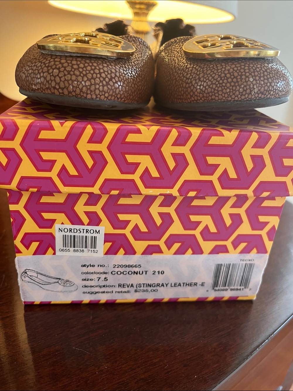 Tory Burch Brown Pebbled Leather Logo Ballet Flats - Picture 3 of 8